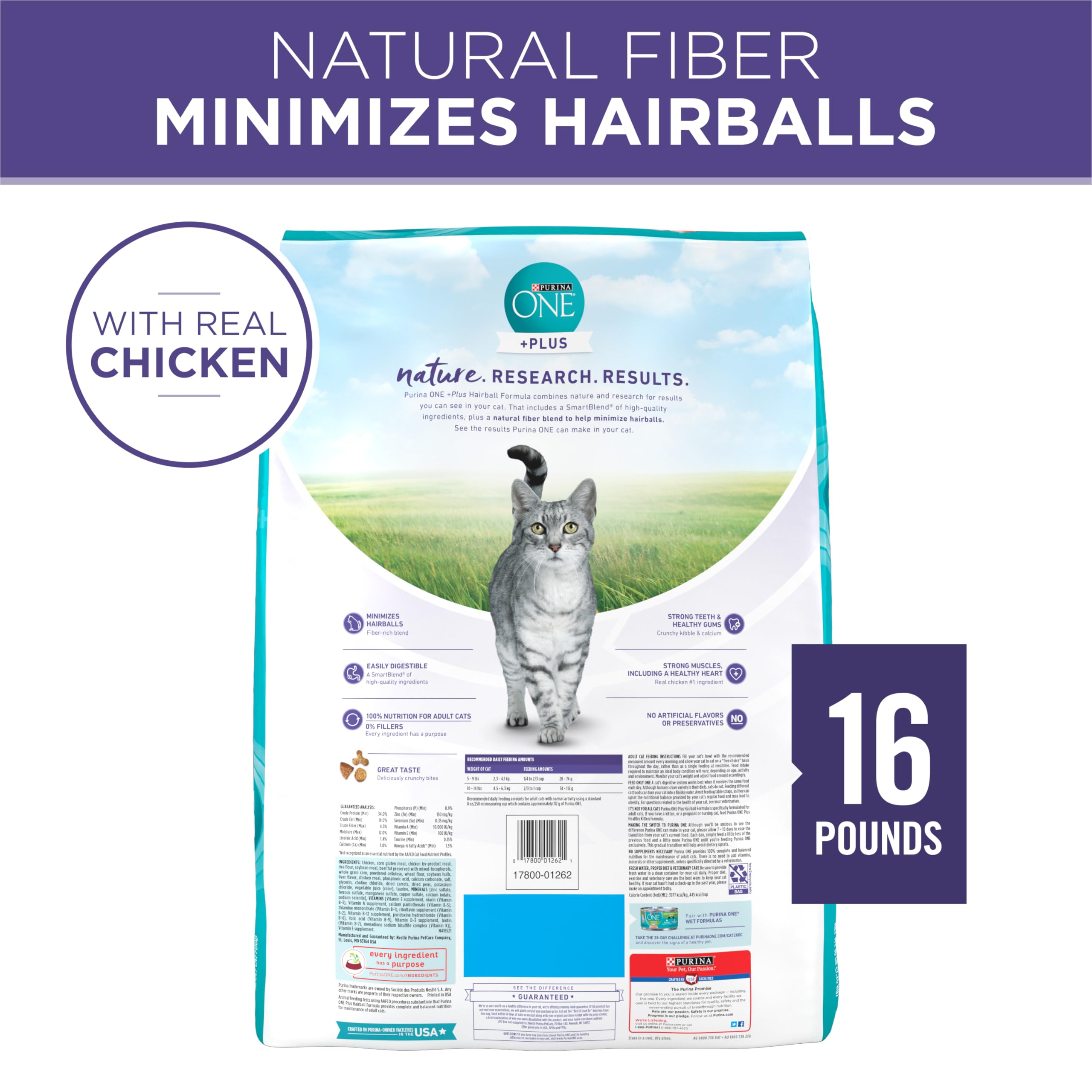 Purina ONE Hairball Formula 16 lb bag suited for daily adult cat feeding
