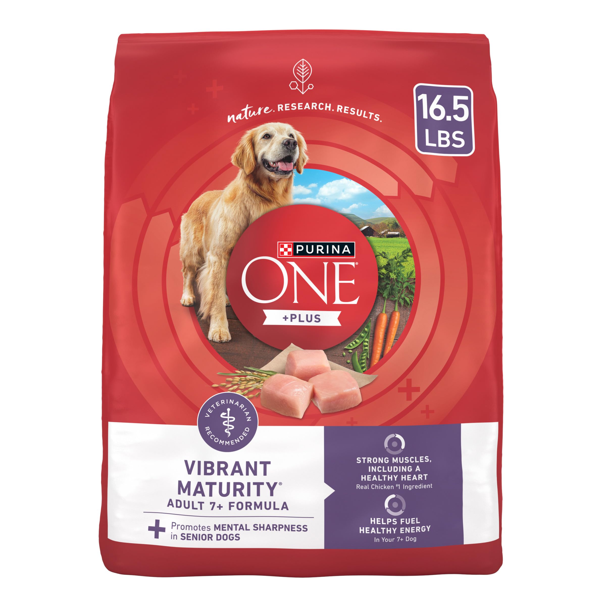 Purina ONE high-protein senior dog food bag showing muscle-support focus