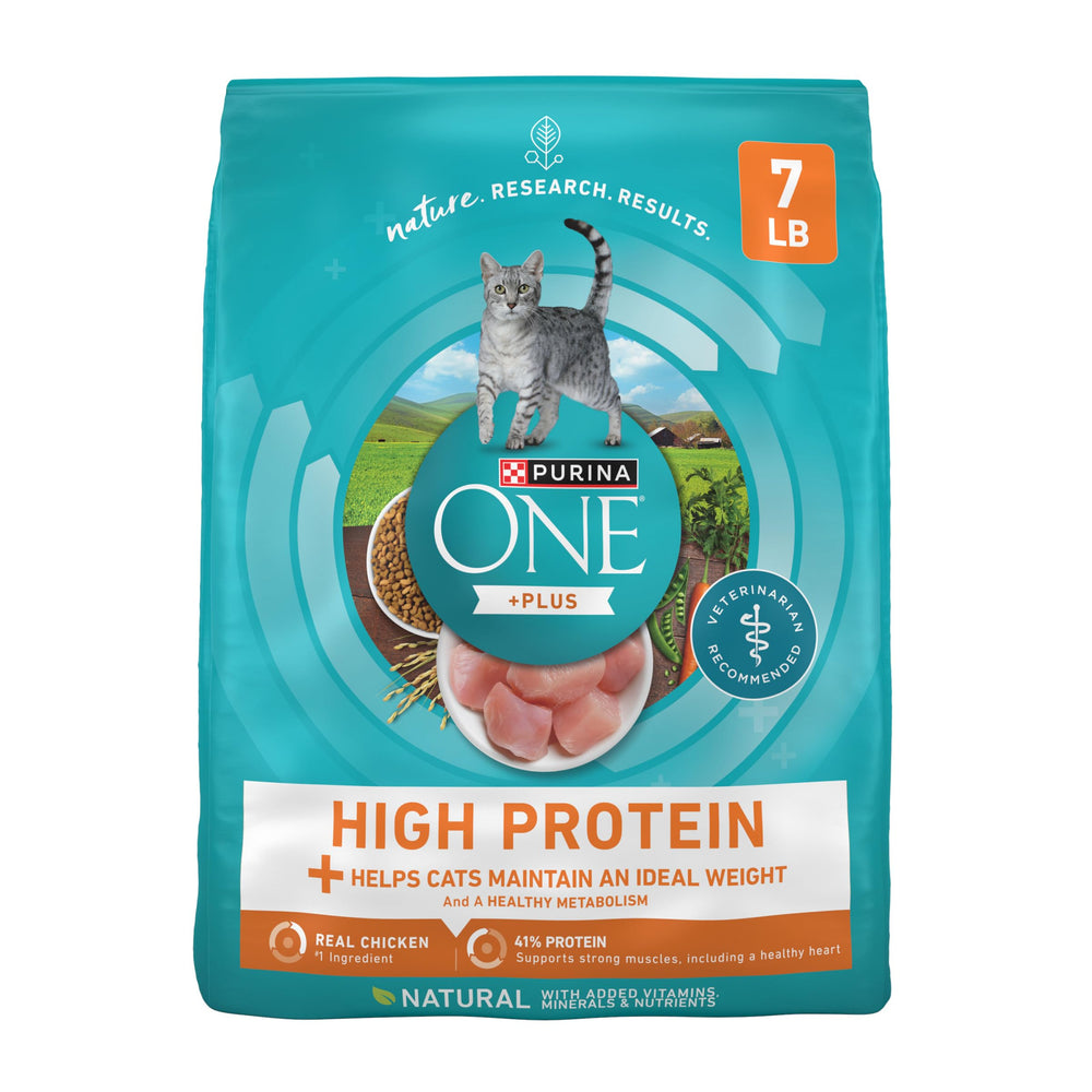 Purina ONE High Protein Ideal Weight bag front signaling weight management nutrition