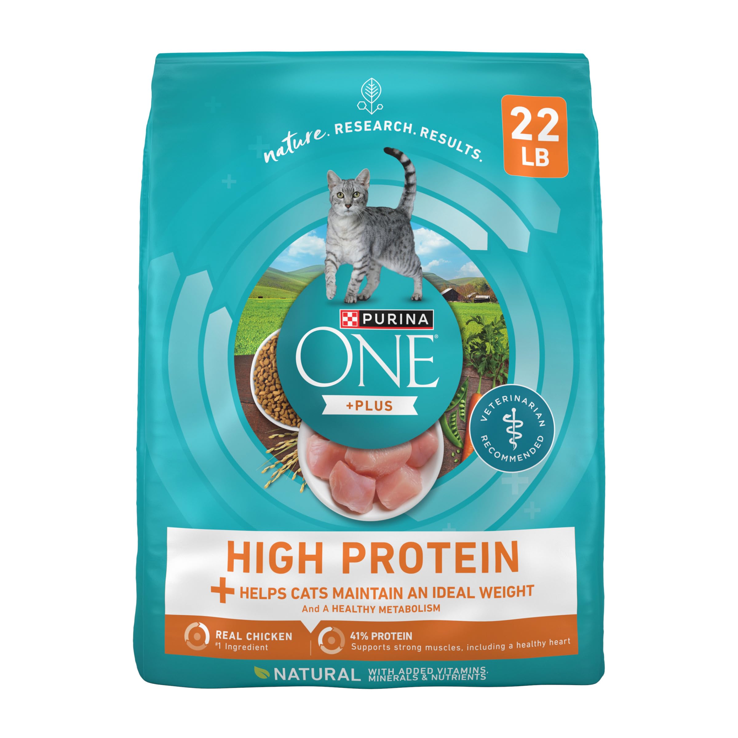 Purina ONE High Protein Ideal Weight bag promotes healthy weight management for adult cats.