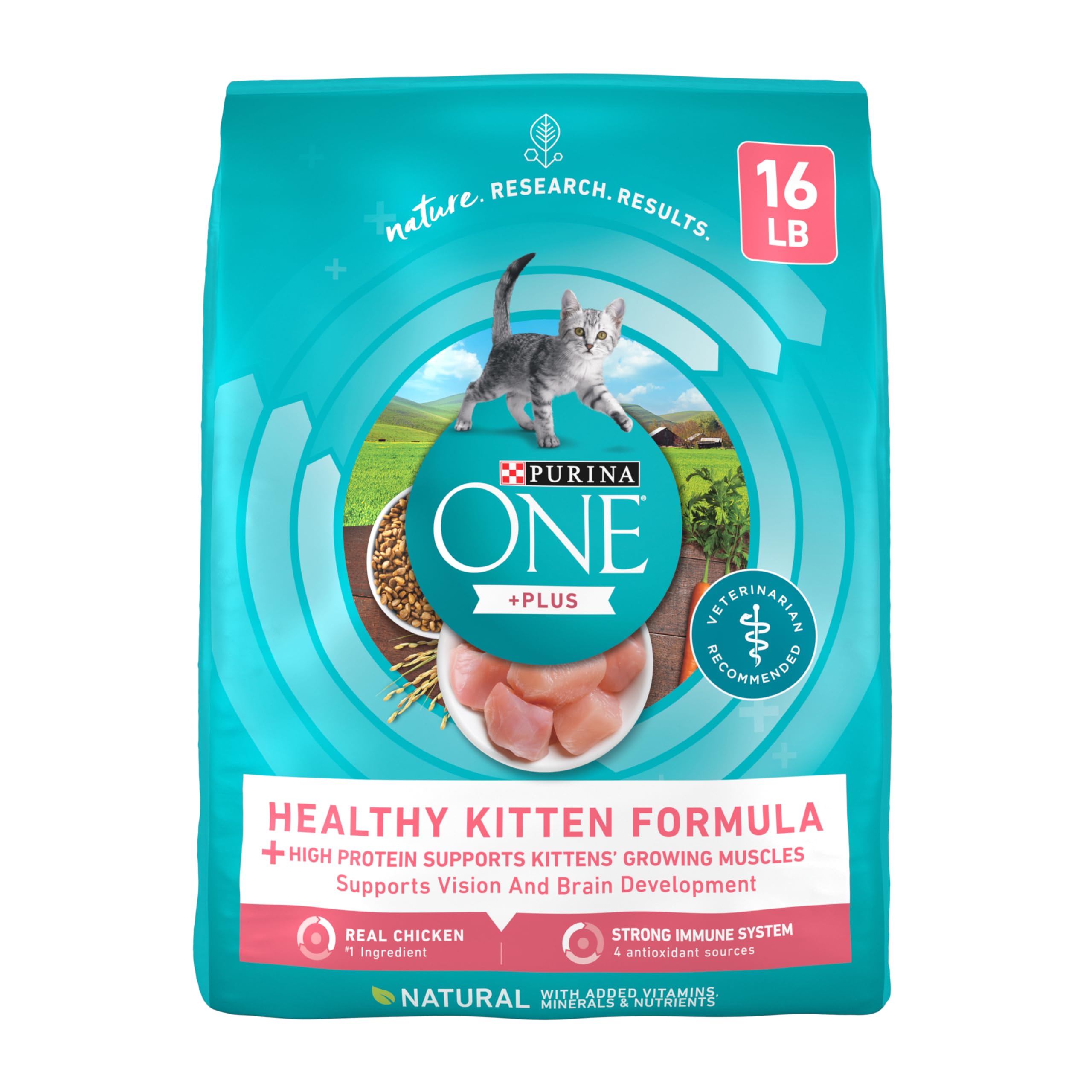 Purina ONE High Protein Kitten Food bag with real chicken as first ingredient for growing kittens