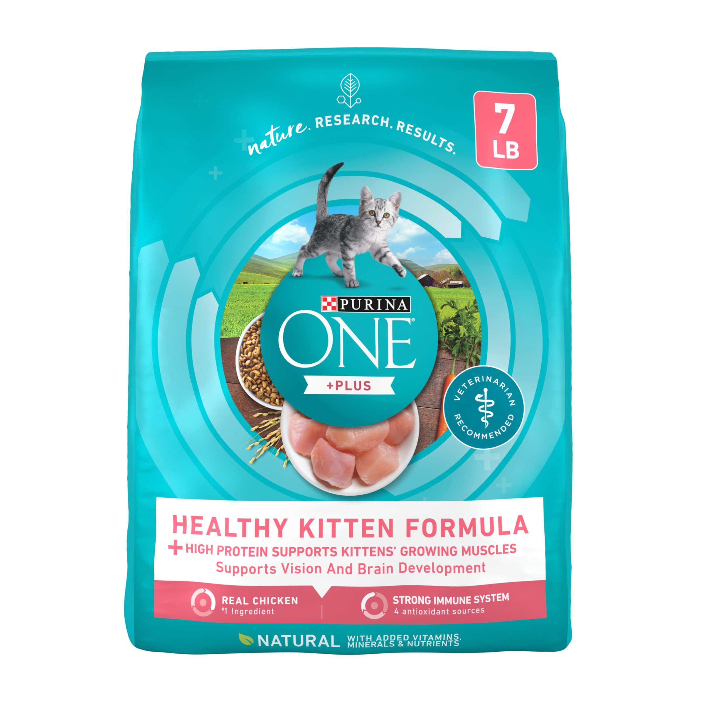 Purina ONE kitten food real-chicken kibble close-up supports growing muscles