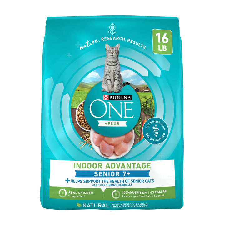 Purina ONE High Protein Senior Indoor Kibble: supports strong muscles for indoor cats