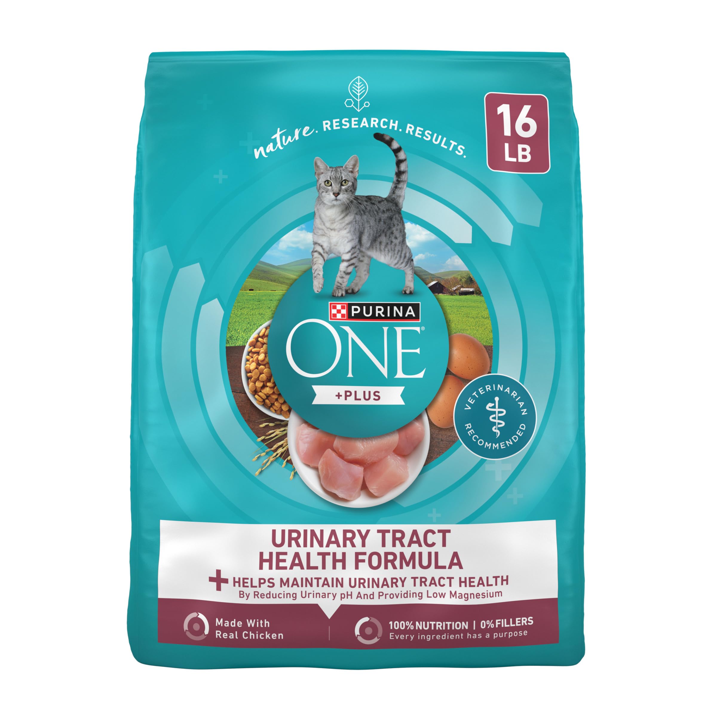 Purina ONE high protein urinary tract health bag featuring real chicken for strong muscles and a balanced diet.
