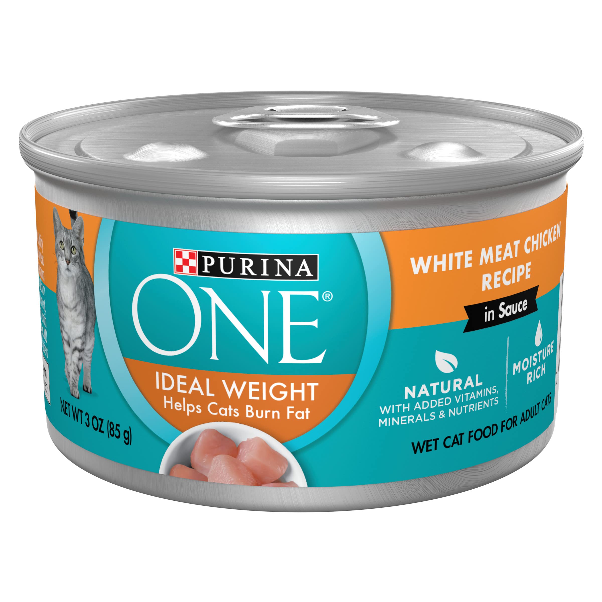 Purina ONE Ideal Weight wet cat food with chicken in sauce, highlighting high-protein white meat chicken.
