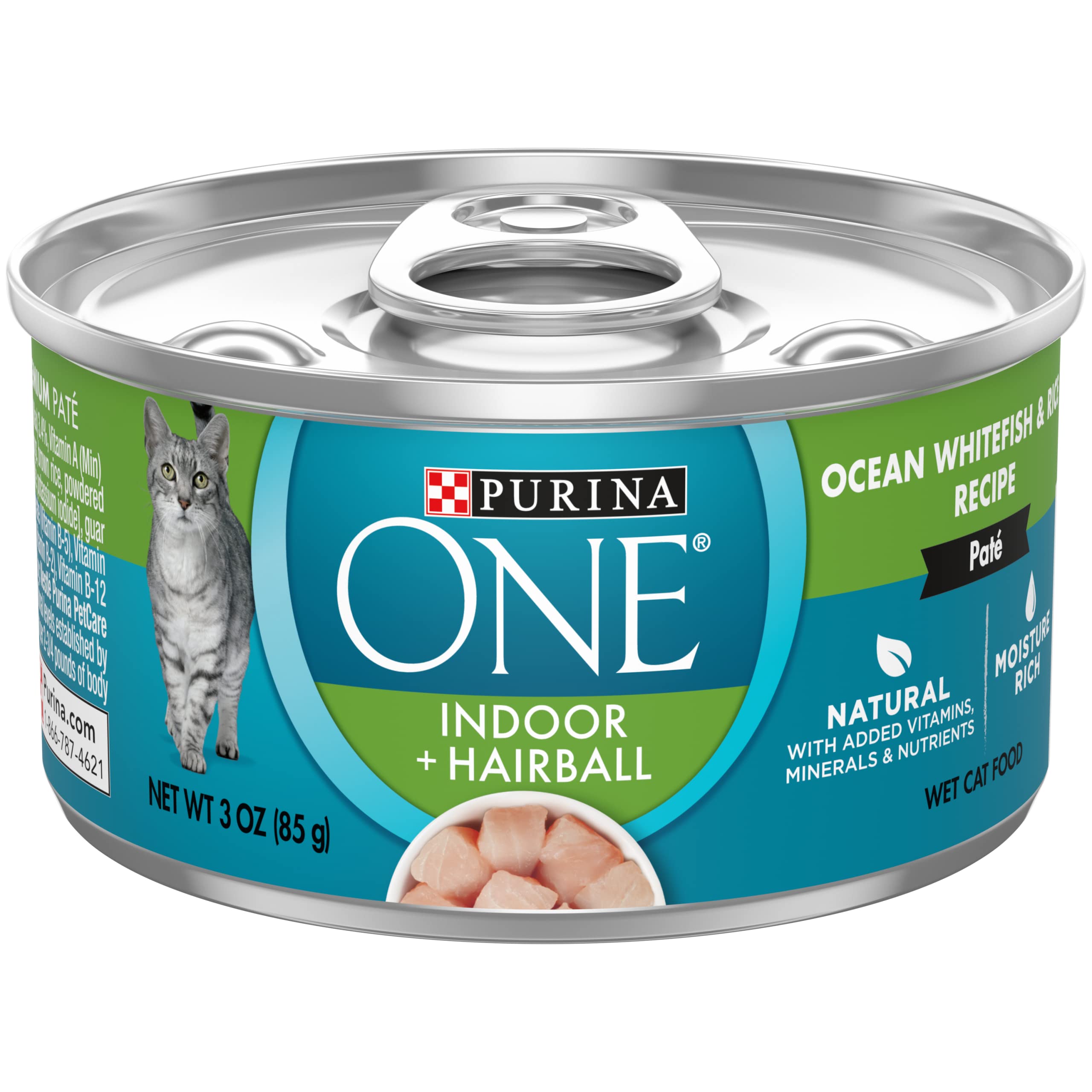 Purina ONE Indoor Advantage Ocean Whitefish Rice Pate can showing high-protein indoor cat nutrition