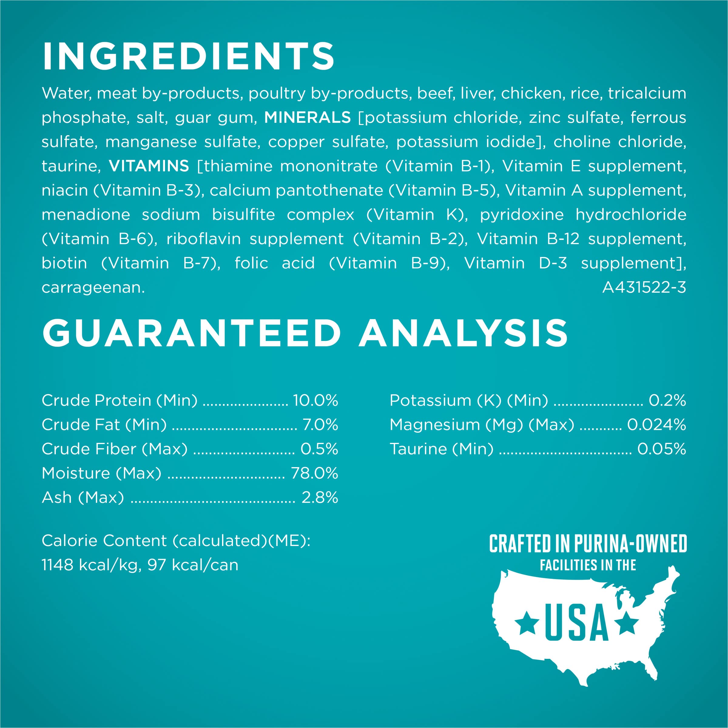 Purina ONE ingredient label featuring beef and liver goodness