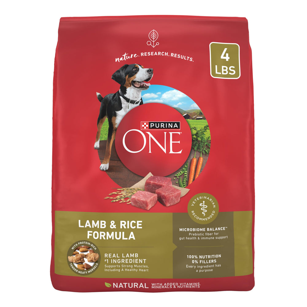 Purina ONE Lamb and Rice dry dog food bag close-up showing protein-rich formula benefits.