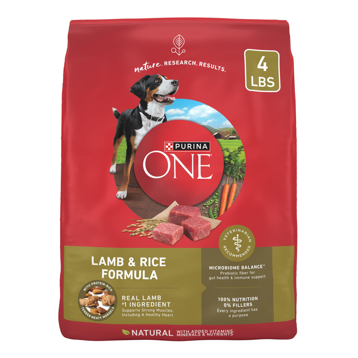 Purina ONE Lamb and Rice dry dog food bag close-up showing protein-rich formula benefits.