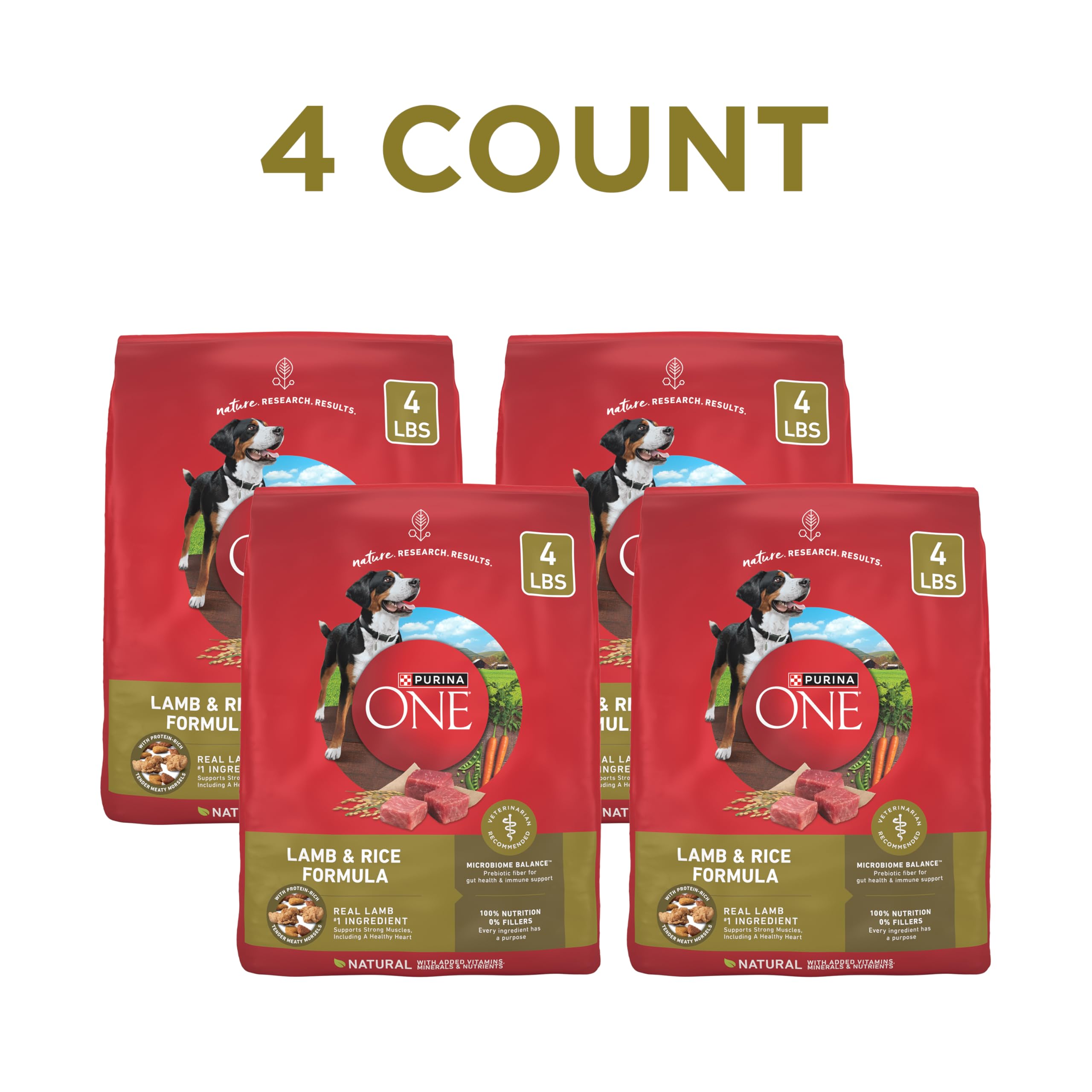 Purina ONE bag highlighting real lamb as first ingredient for muscle support.