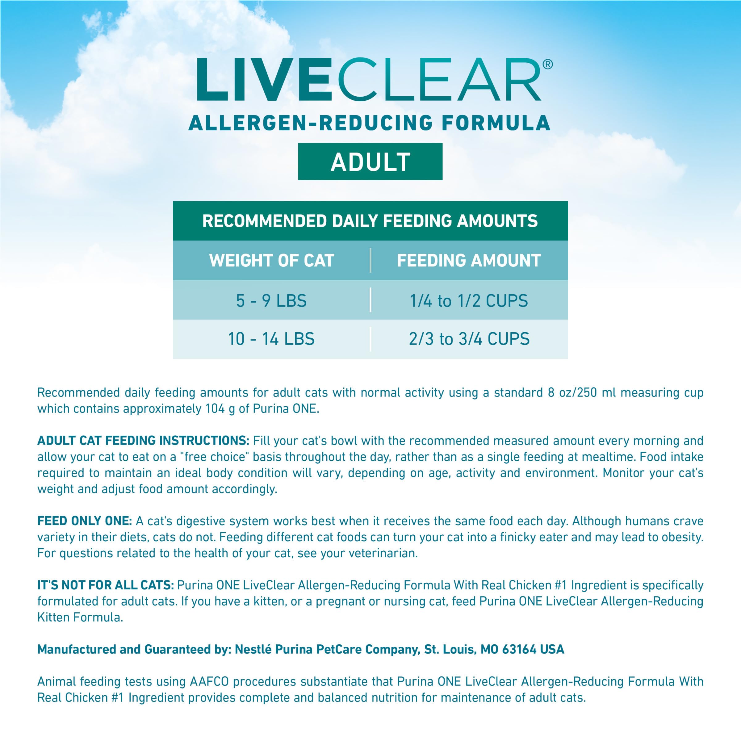 Purina ONE LiveClear bag label notes 21 days allergen reduction timeline