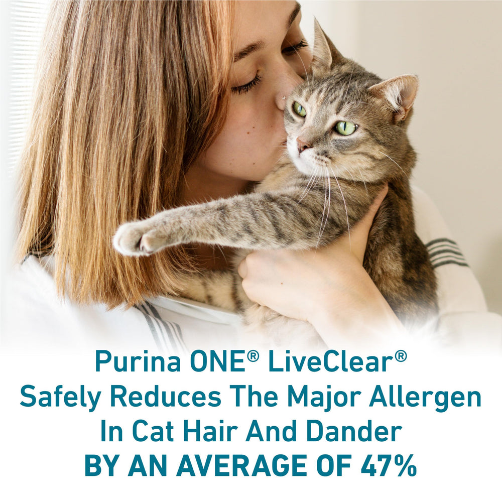 Purina ONE LiveClear cat kibble in dish, supports energy.