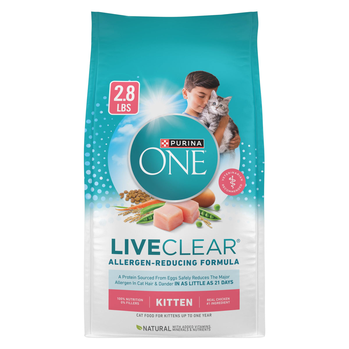 Purina ONE LiveClear kitten food bag shows real chicken as the first ingredient
