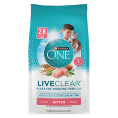 Purina ONE LiveClear kitten food bag shows real chicken as the first ingredient
