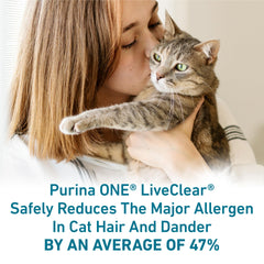 Purina ONE LiveClear packaging highlights 47 percent allergen reduction in about three weeks