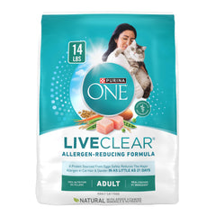 Purina ONE LiveClear real chicken kibble in a bowl, may reduce allergens.