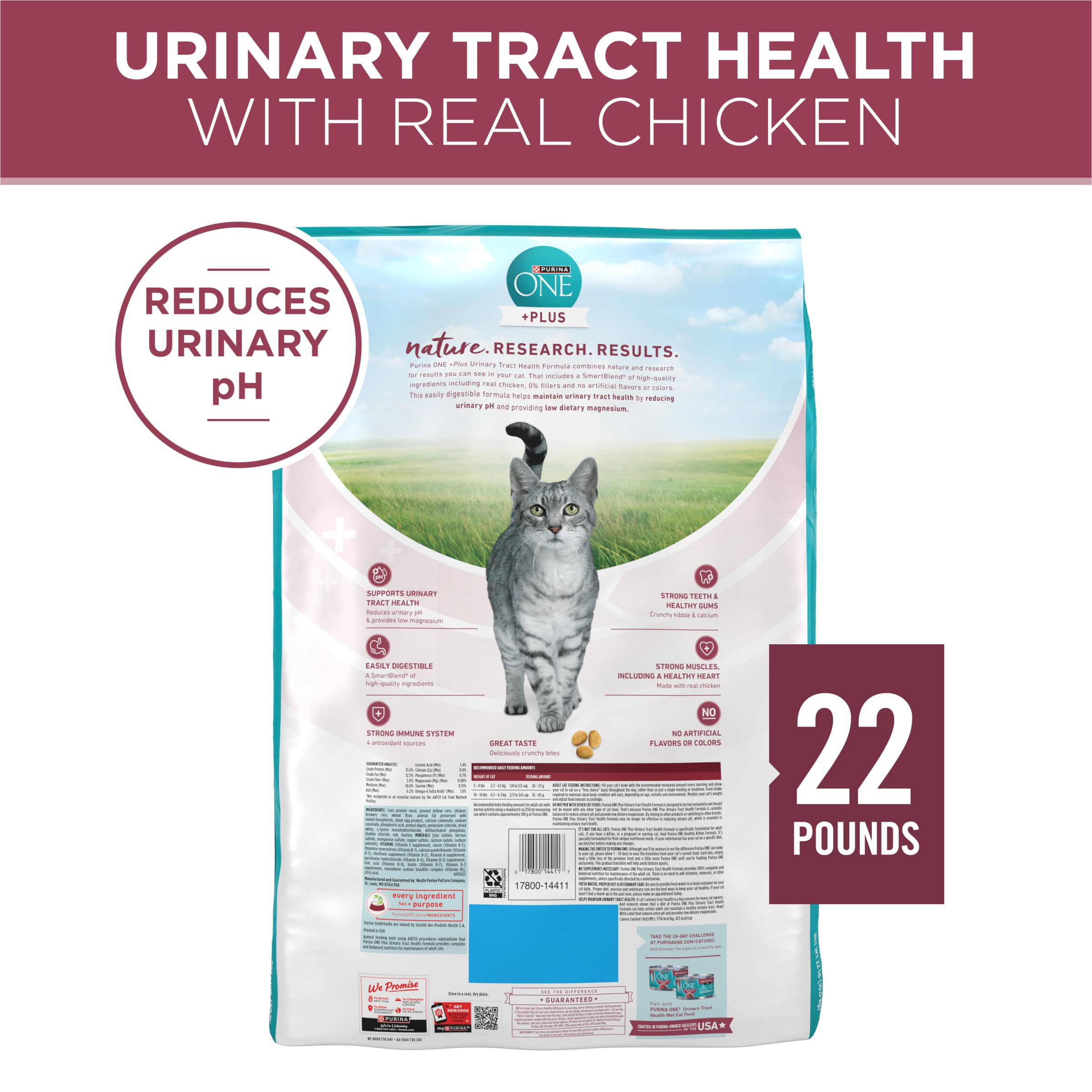 Purina ONE made in US facilities badge on packaging.