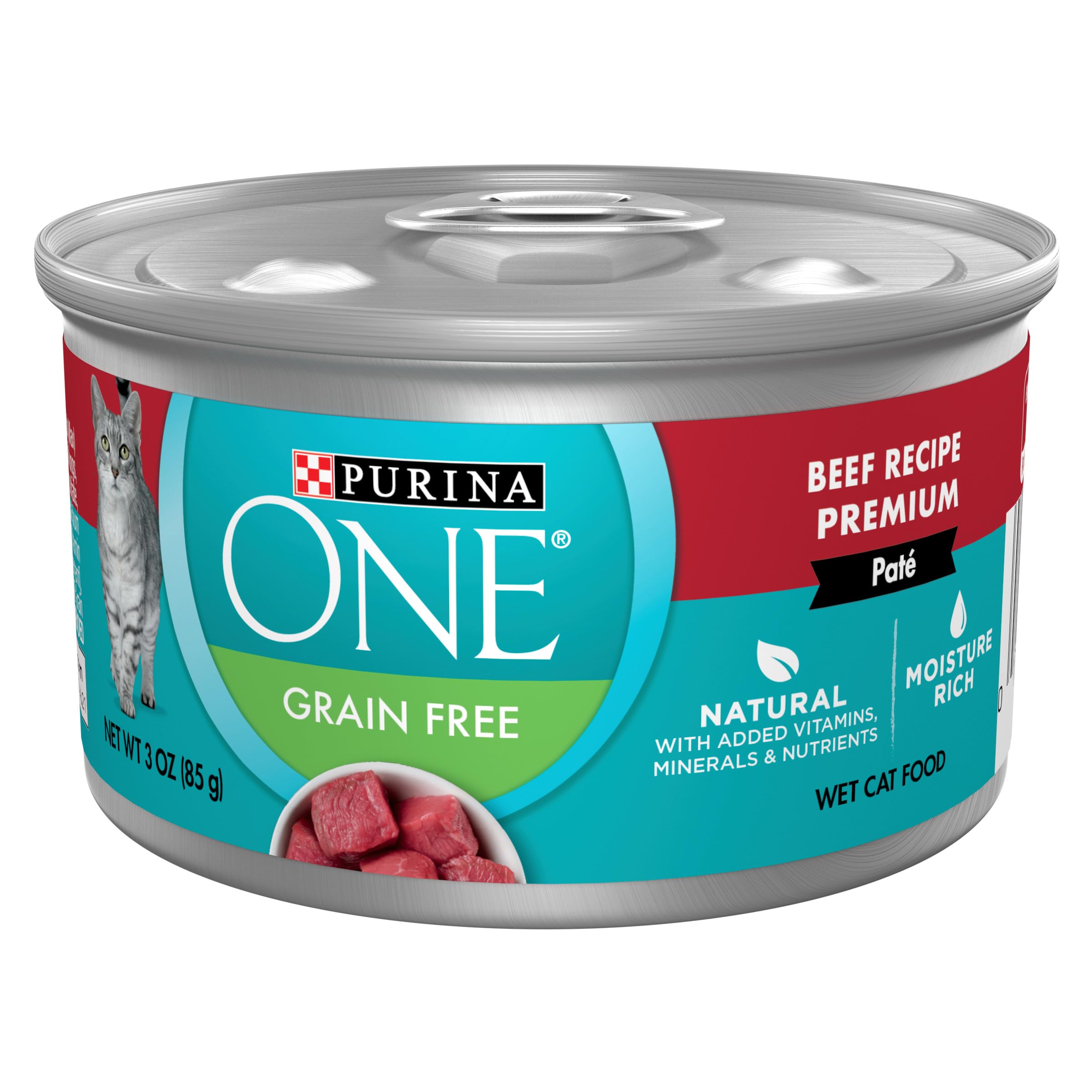 Purina ONE natural beef pate can showing rich flavor for cats