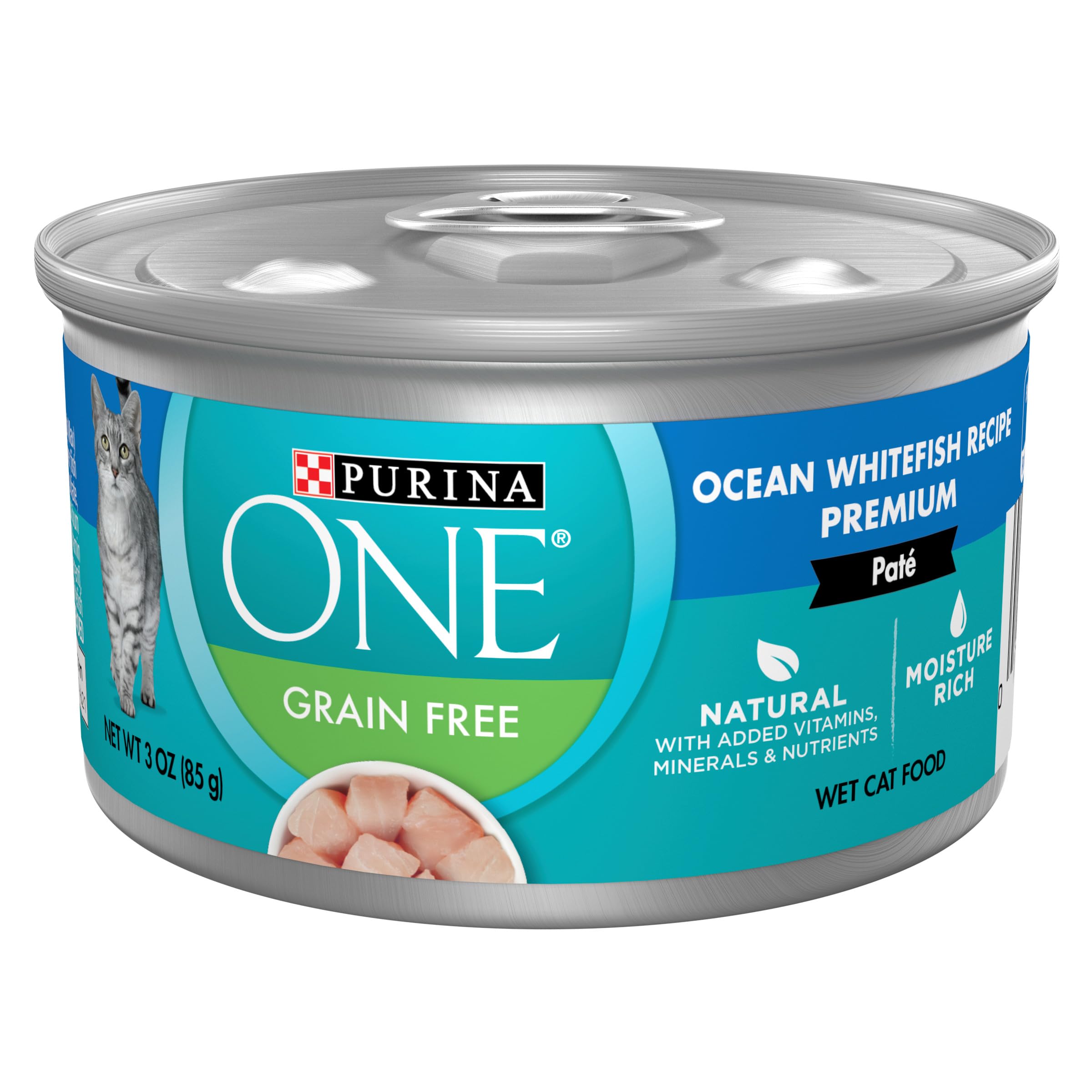 Purina ONE Ocean Whitefish Pate can-top view, easy to open for quick meals.