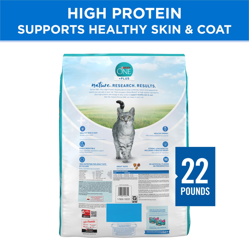 Crunchy Purina ONE Plus daily serving cat food for appealing mealtime.