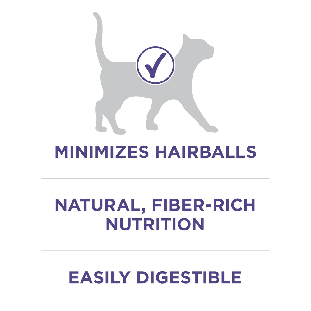 Purina ONE +PLUS Hairball Formula natural fiber blend aids hairball management and digestion.