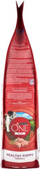 Purina ONE Plus Healthy Puppy Formula bag label close-up highlights real chicken as first ingredient.
