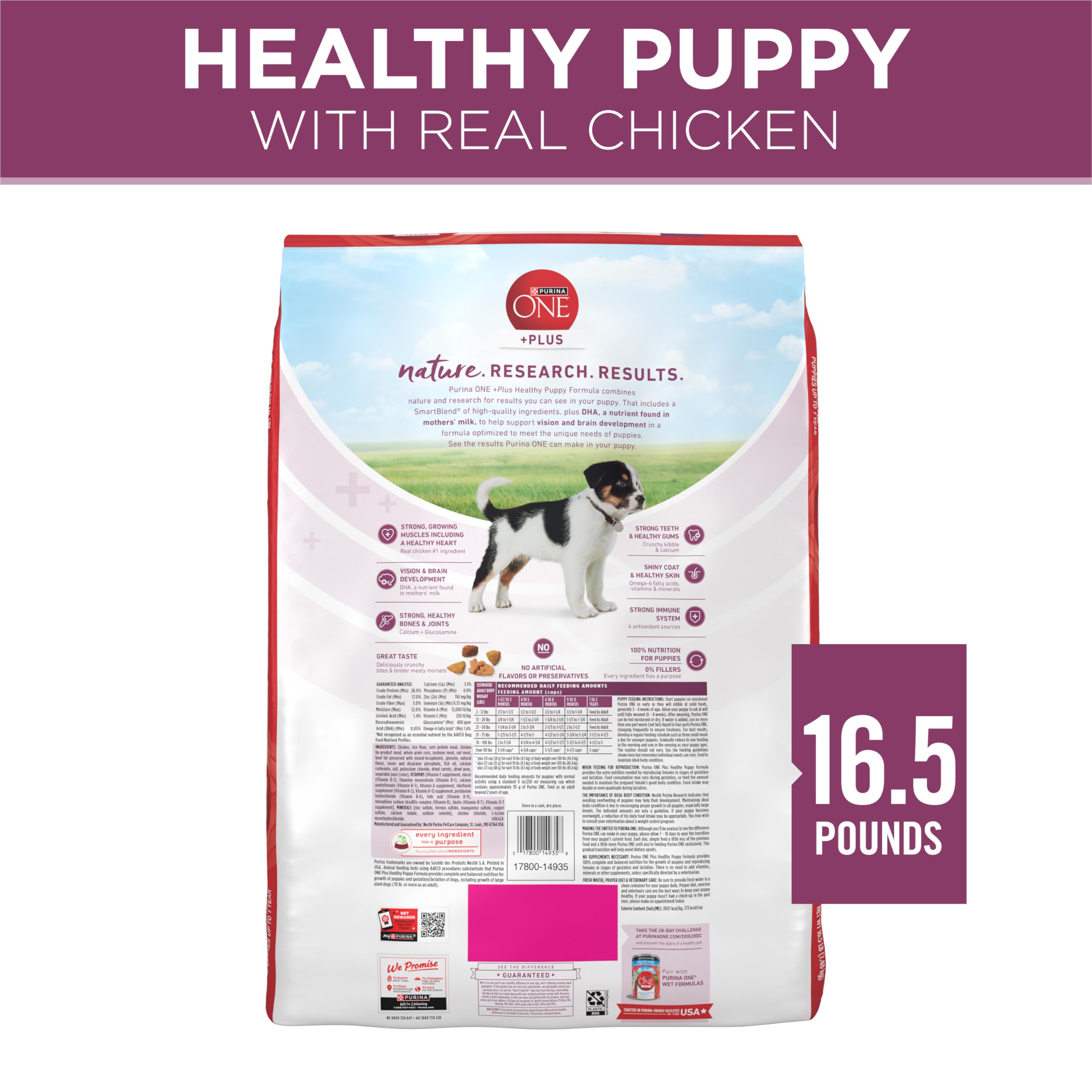 Purina ONE Plus Healthy Puppy comes in a 16.5 lb bag