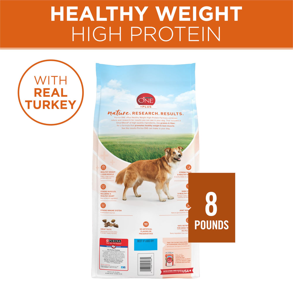 Purina ONE Plus Healthy Weight 8lb bag offers convenient adult dog feeding.