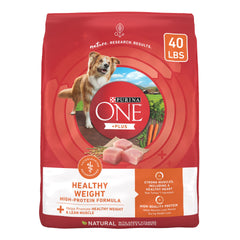 Purina ONE +Plus Healthy Weight turkey bag front highlights lean muscle support.
