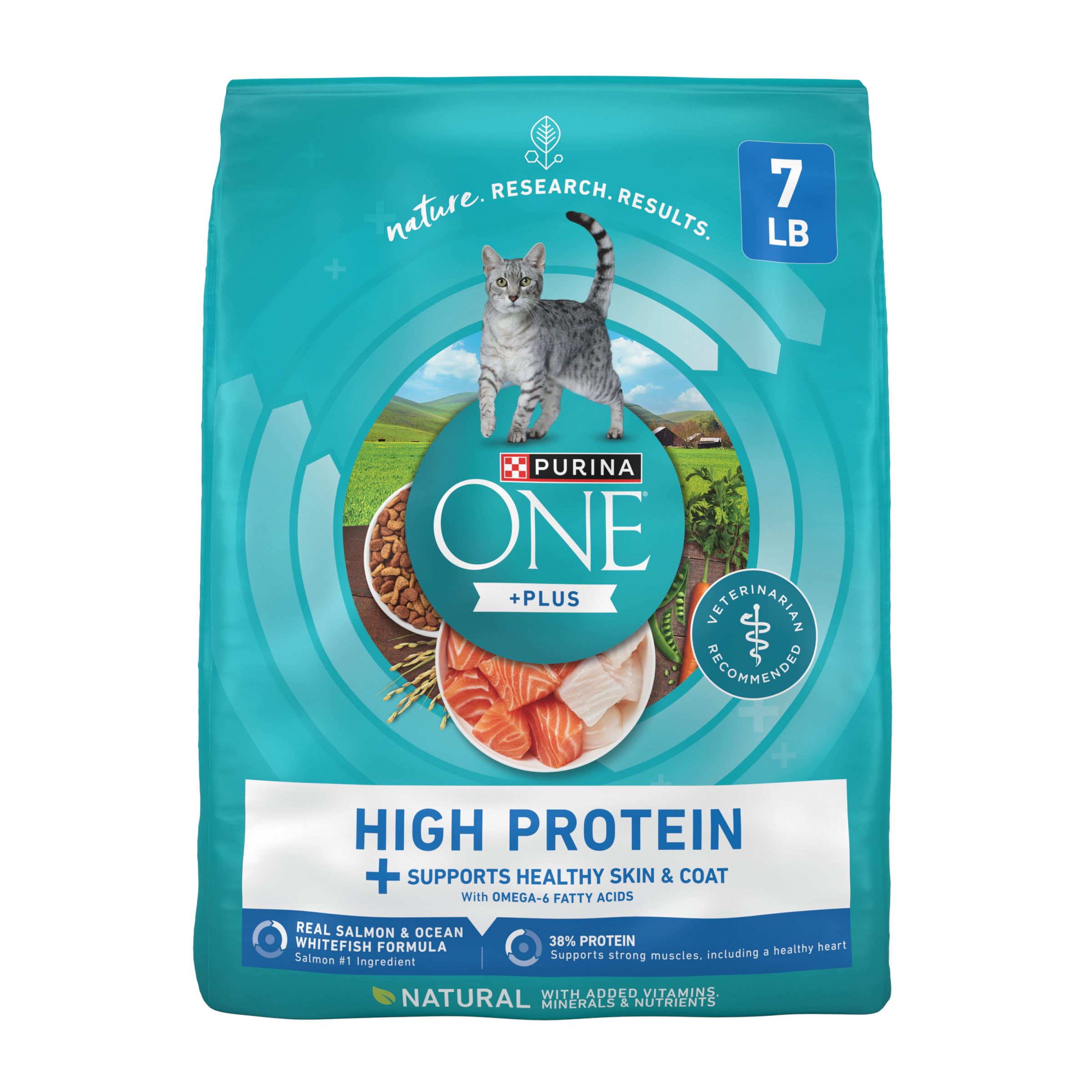 Purina ONE Plus cat food salmon ingredient—protein-rich base for lean muscles.