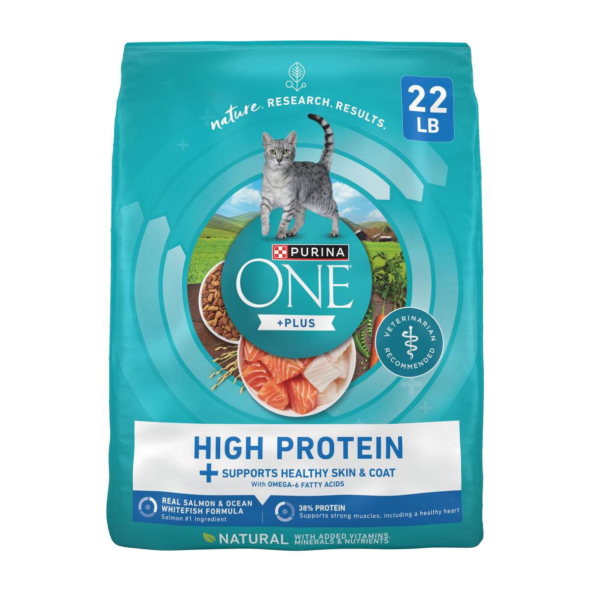 Purina ONE Plus High Protein salmon kibble with real salmon as top ingredient for lean muscles.