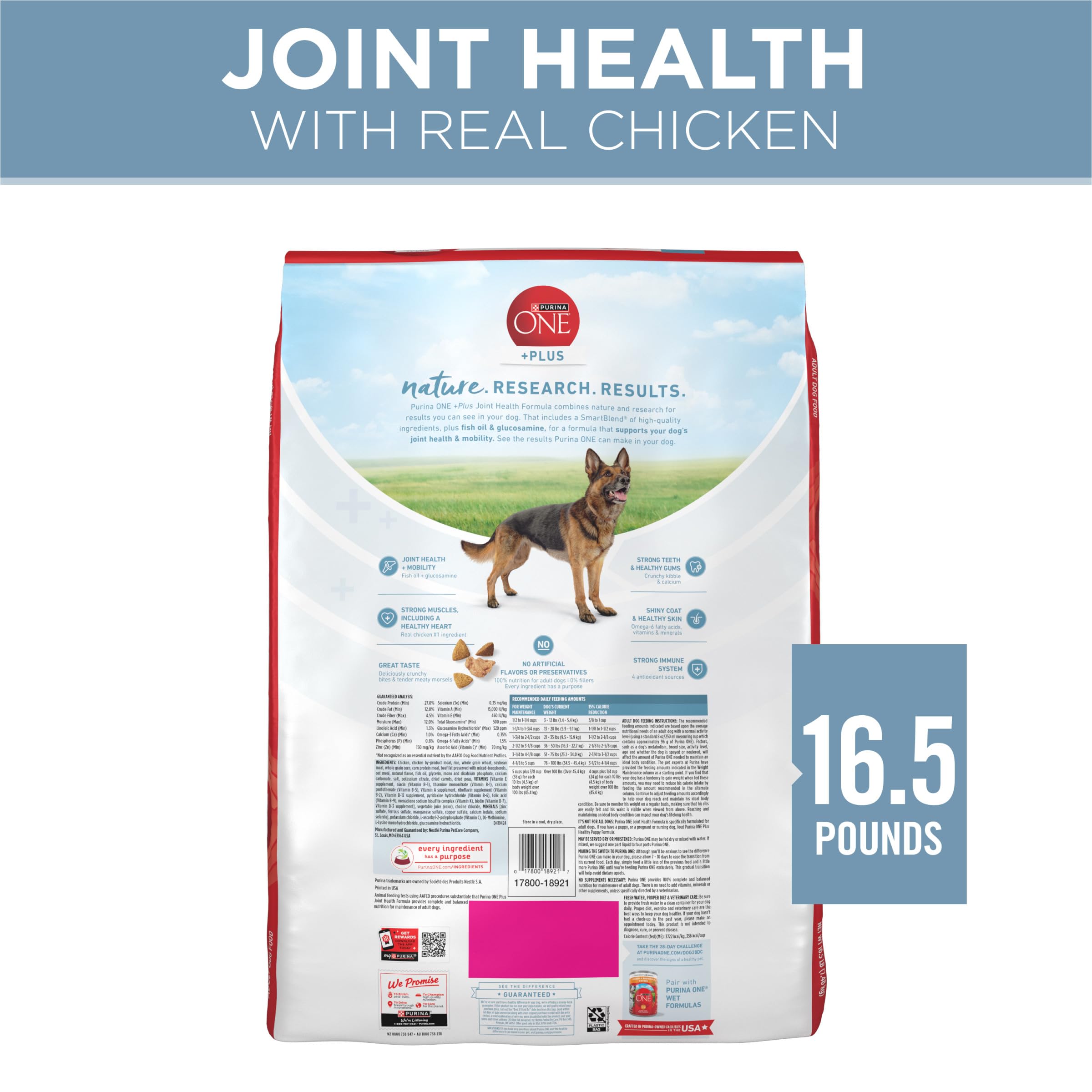 Purina ONE Plus Joint Health 16.5 lb bag ready for daily feeding.