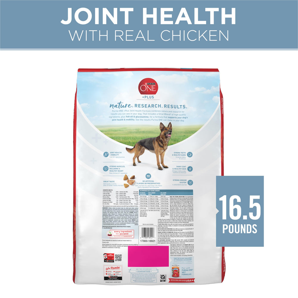Purina ONE Plus Joint Health 16.5 lb bag ready for daily feeding.