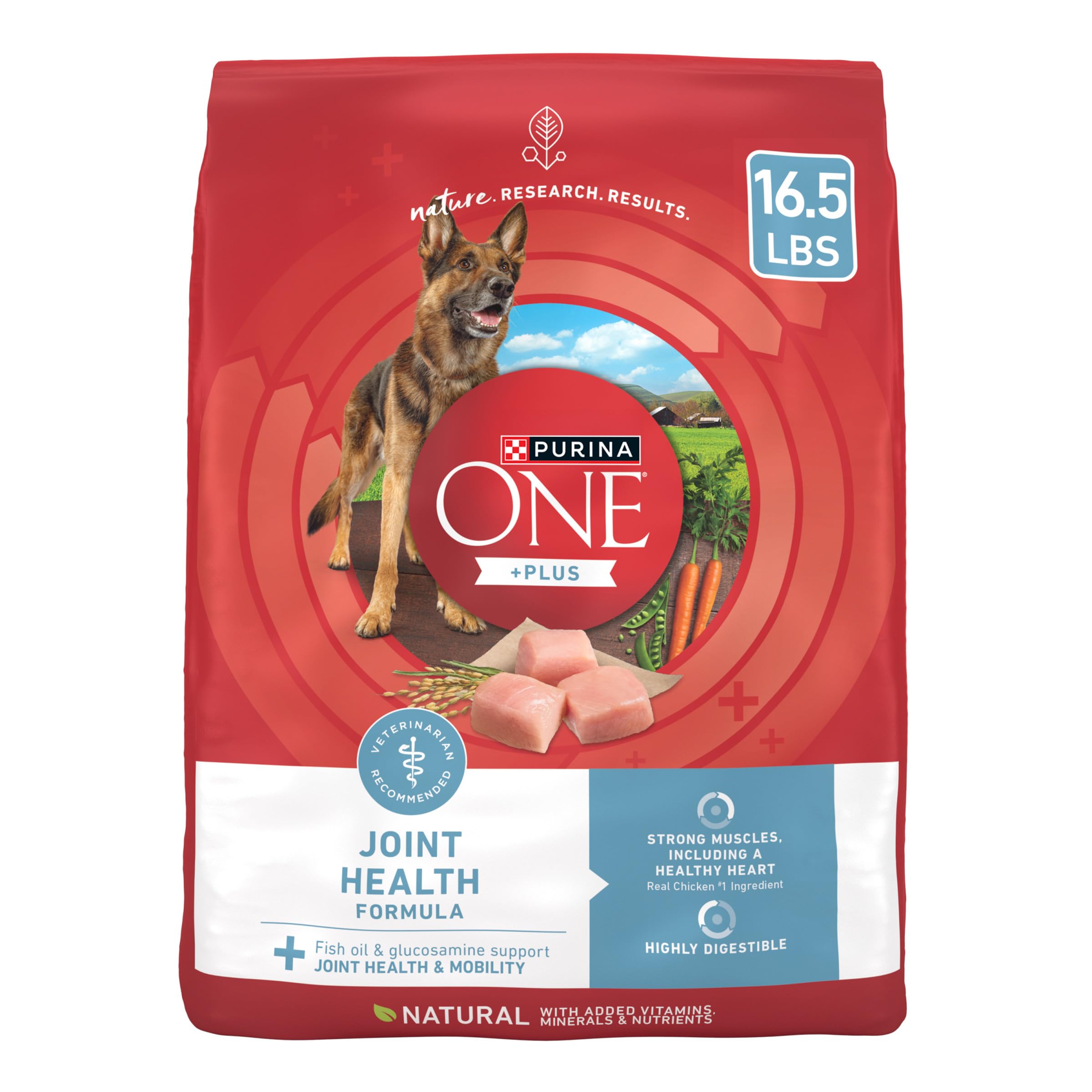 Purina ONE Plus Joint Health bag front showing packaging and real chicken claim for muscle support.