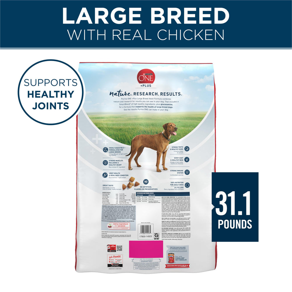 Purina ONE Plus Large Breed omega-6 and minerals support coat and skin health.