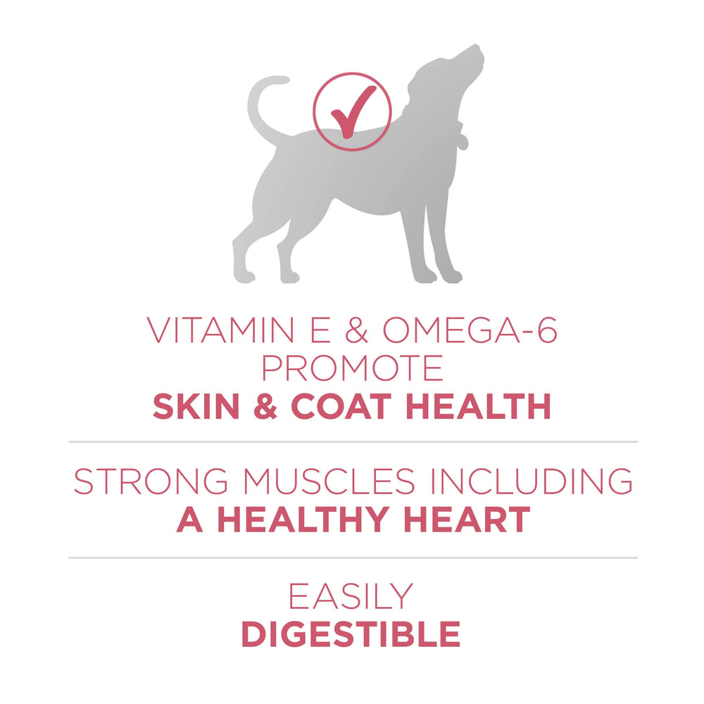 Purina ONE +Plus rice and oatmeal blend for easy digestion.