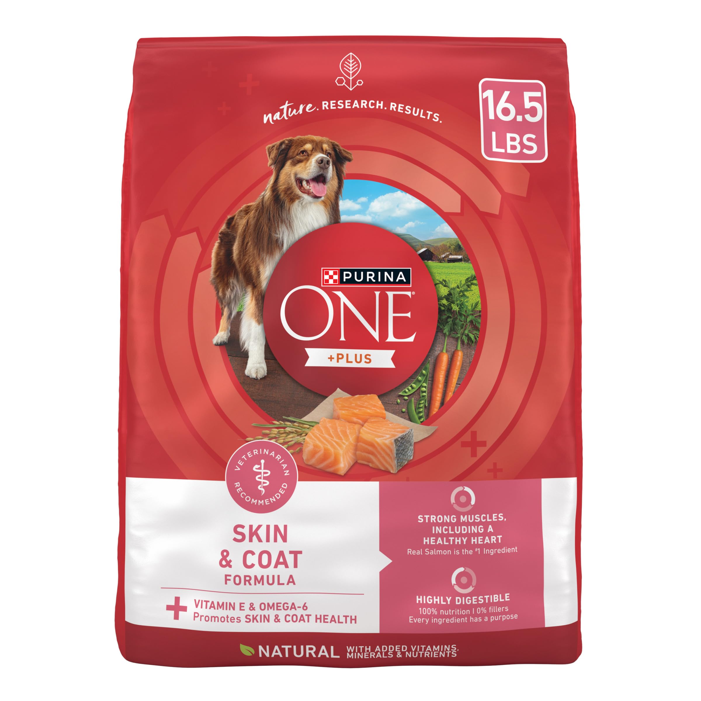 Purina ONE +Plus skin and coat kibble in bowl for healthy fur.