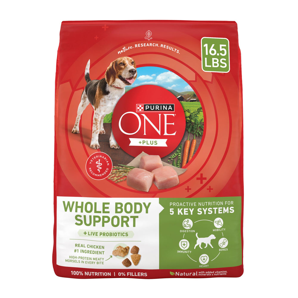Purina ONE Plus bag front shows real chicken as the protein source for high-protein nutrition.
