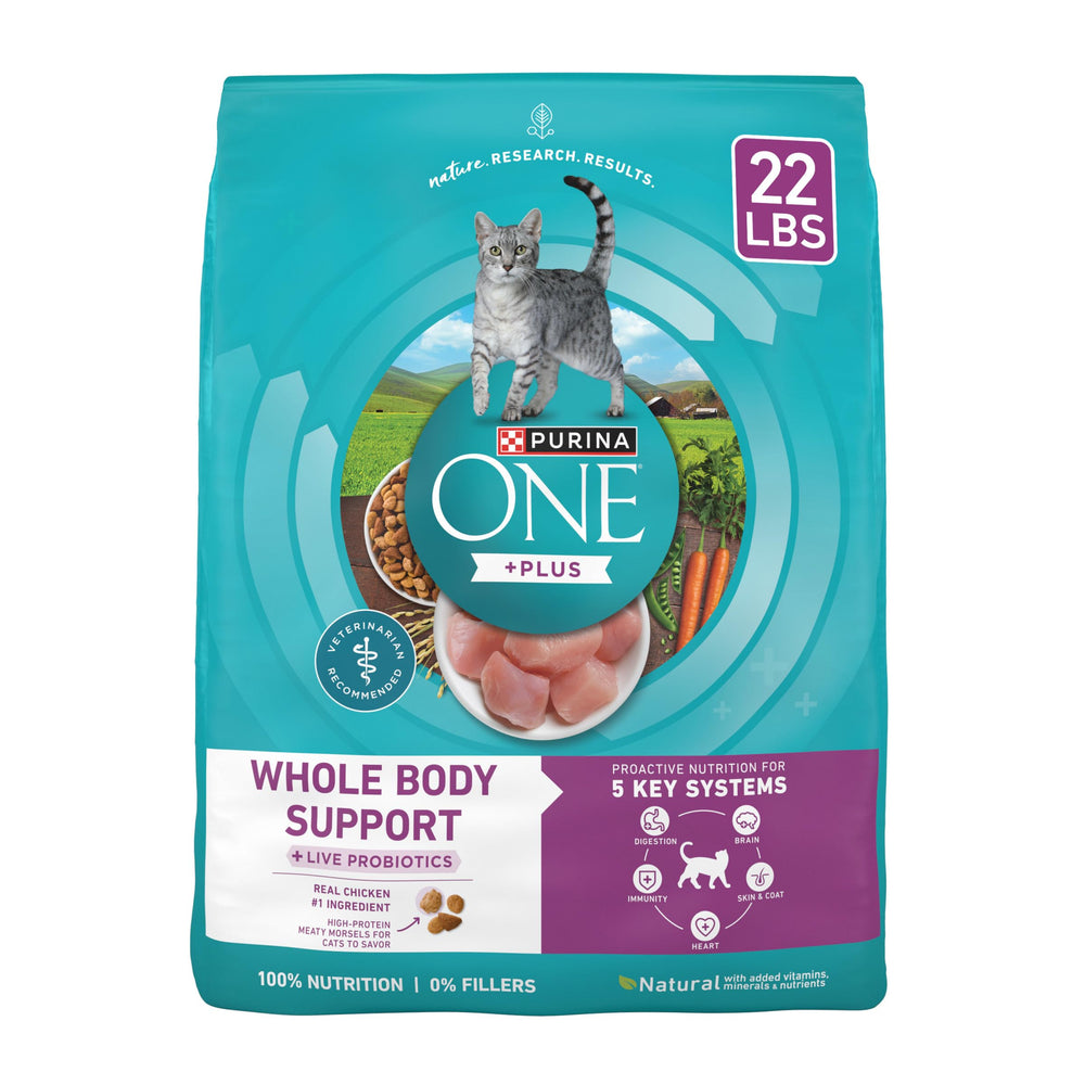 Purina ONE Plus Whole Body Support chicken kibble in a bowl supports energy and muscle health.