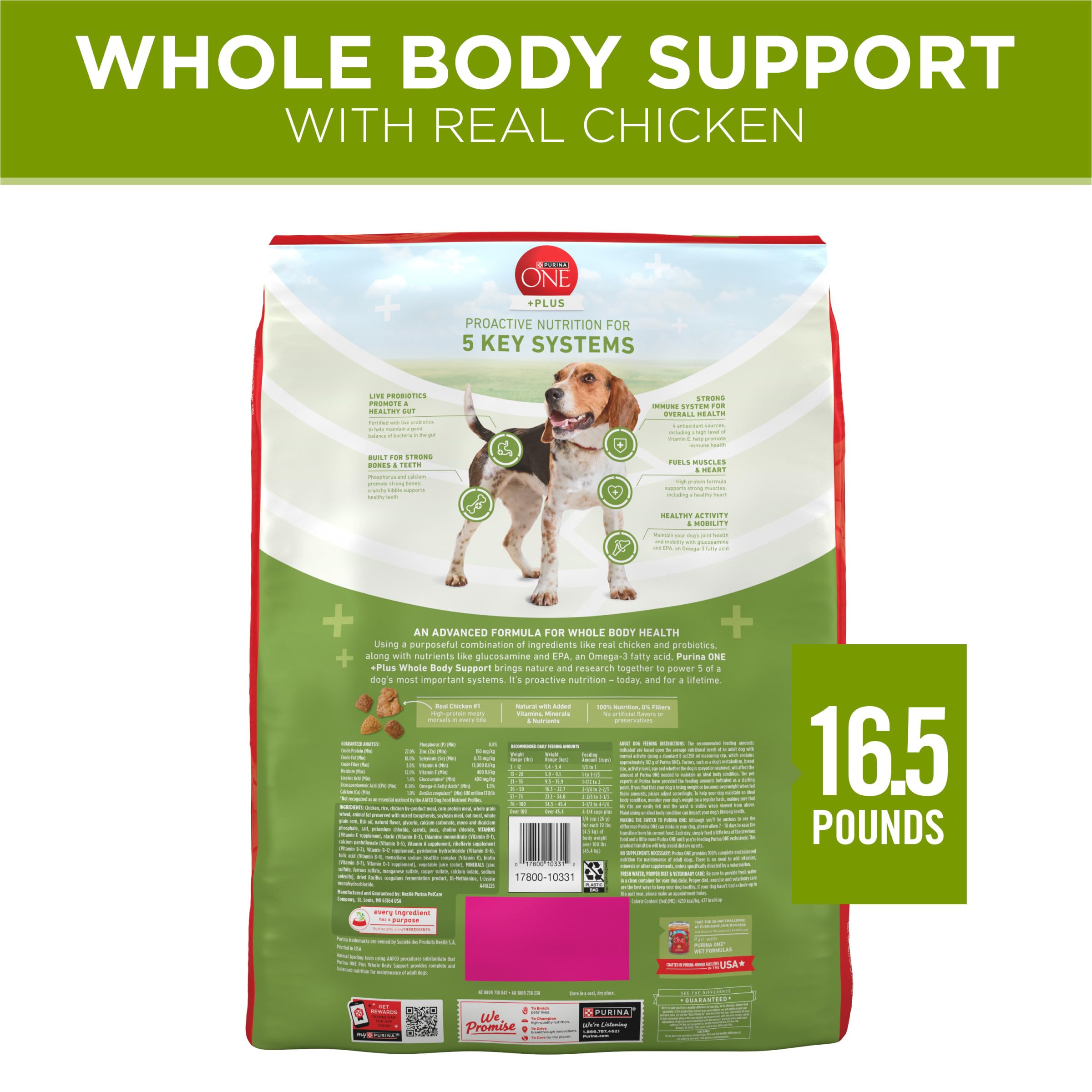 Purina ONE Plus probiotics label conveys gut health benefits.