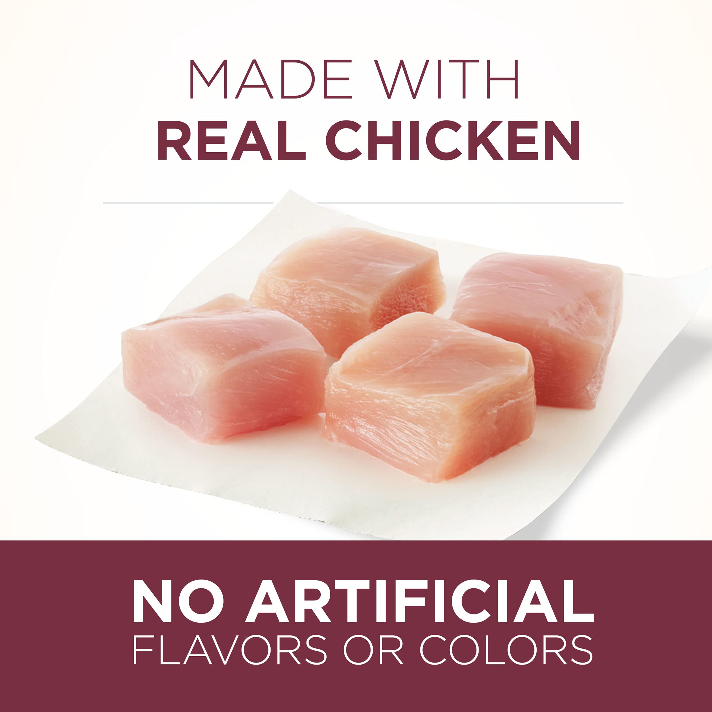 Purina ONE real chicken kibble close-up suggests protein and digestibility.