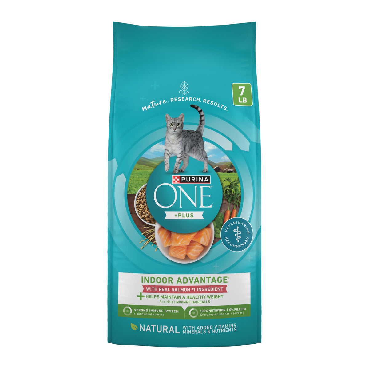 Purina ONE real salmon first ingredient supports lean muscles and a healthy heart.