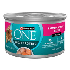 Purina ONE salmon-trout in sauce cans, front view, tempting flavor for cats.