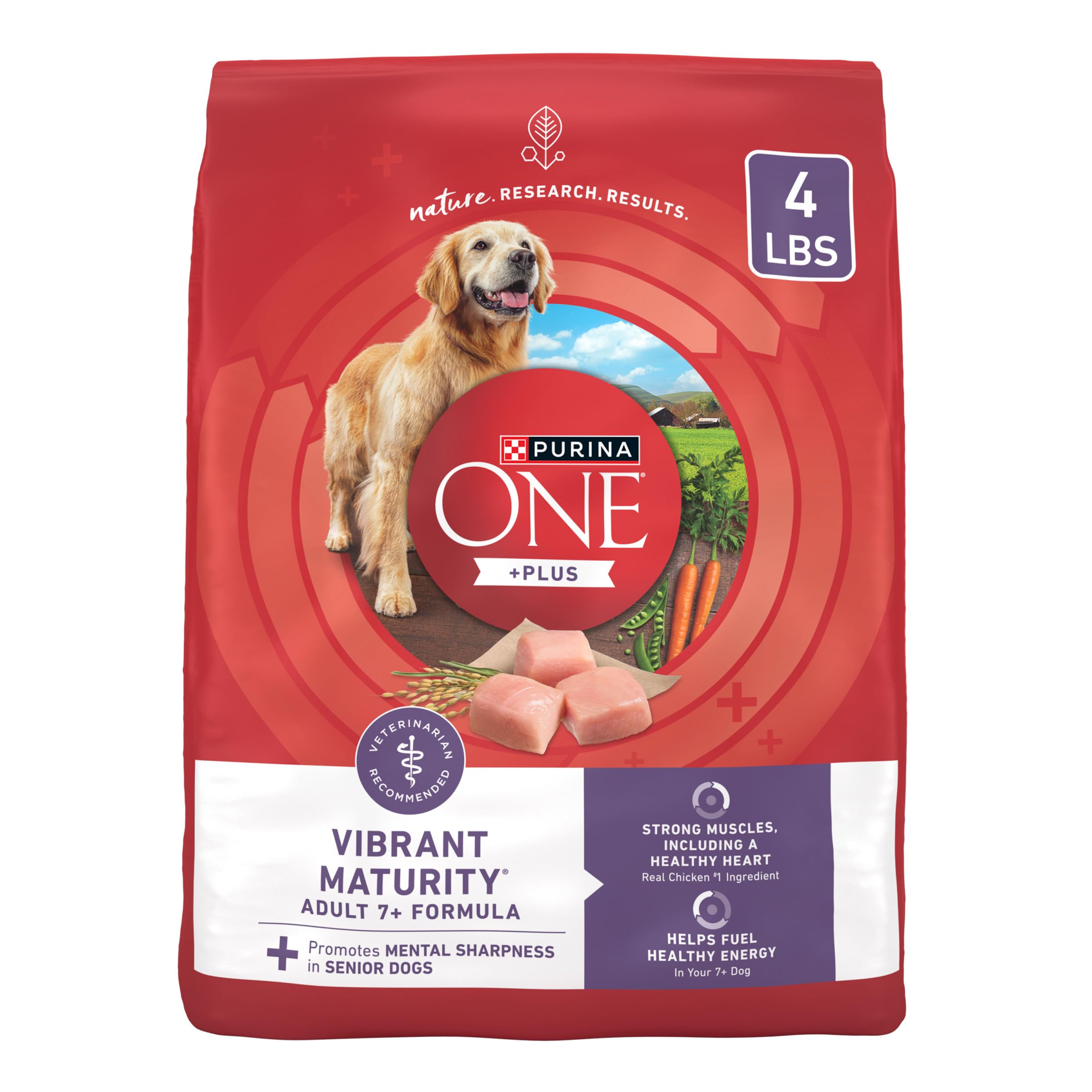 Purina ONE senior dog food bag front showing protein-forward formula for muscles.
