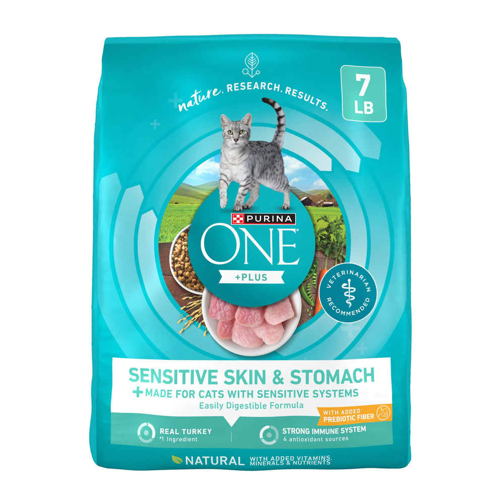 Purina ONE Sensitive Stomach bag highlighting high-protein formula for adult cats