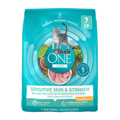 Purina ONE Sensitive Stomach bag highlighting high-protein formula for adult cats