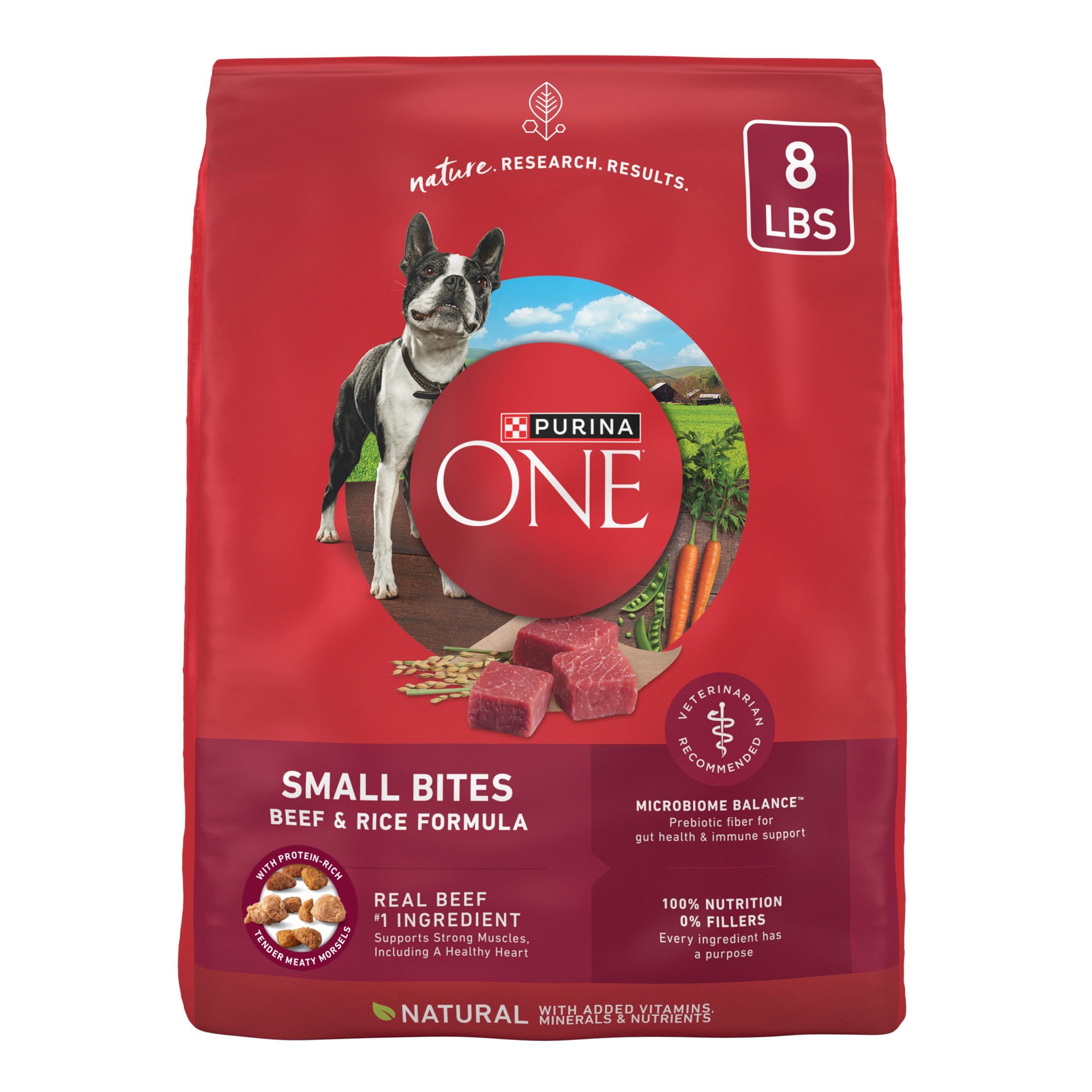Purina ONE Small Bites beef and rice bag front highlights high-protein nourishment for small dogs.