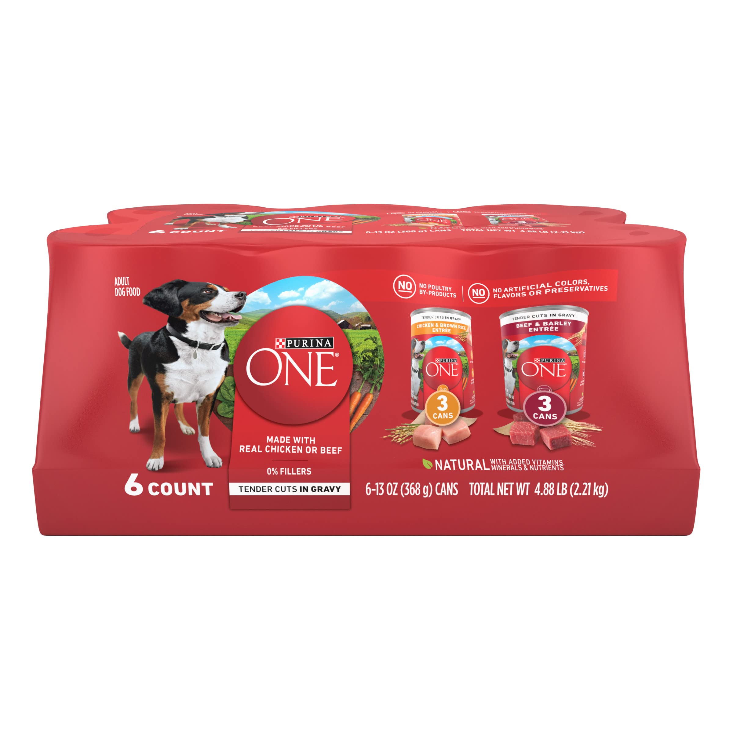 Purina ONE Tender Cuts in Gravy Chicken and Brown Rice can; protein supports muscles.
