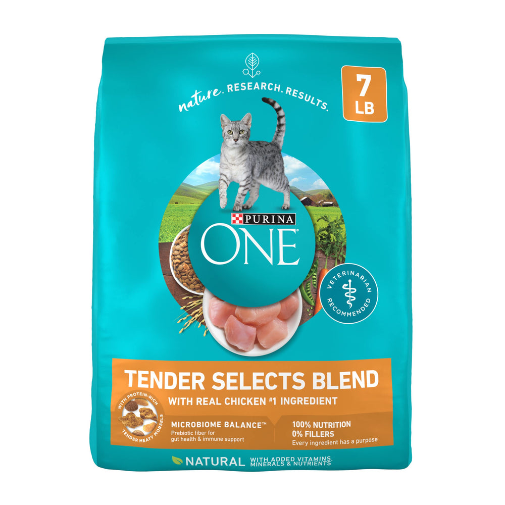 Purina ONE Tender Selects bag closeup showing real chicken-first formula for protein