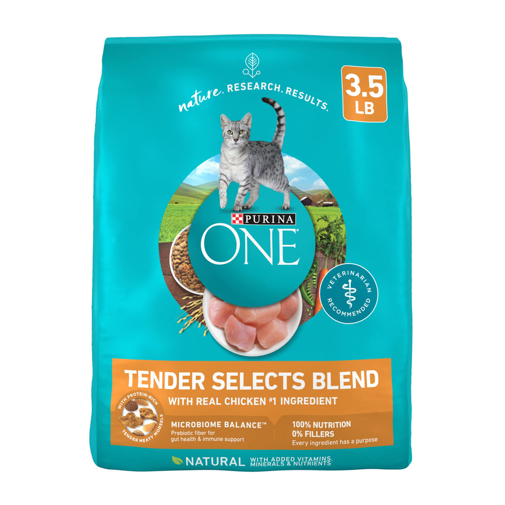 Purina ONE Tender Selects Real Chicken bag with four-pack packaging for daily meals
